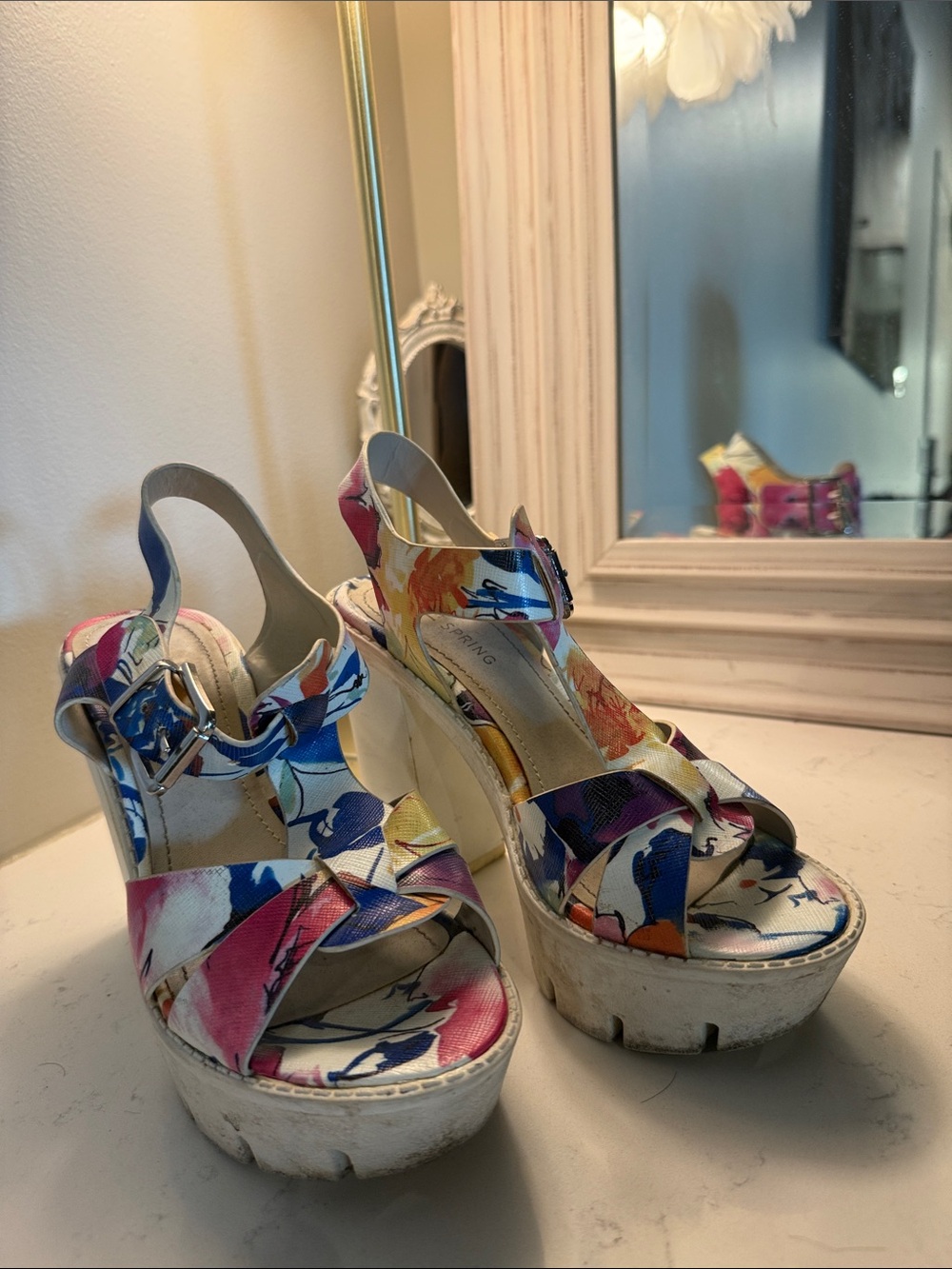 Call It Spring Pink Blue Multi Floral Platform Wedges